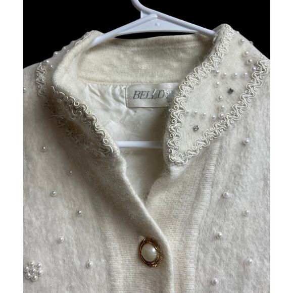 Beldini Vintage Angora Rabbit Hair Cardigan Beaded Lined Sweater Jacket Medium - Picture 2 of 12